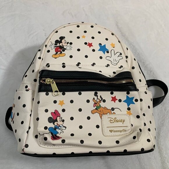 Disney Loungefly Mickey Minnie Pluto Polka Dot Mini Backpack White Black Red